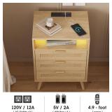 Rattan Nightstand with Charging Station USB Port Led Lights and 3 Storage Drawers, Bedroom Furniture Night Stand Bedside Table Bed Side Table End Table Sofa Table (1 Pack)