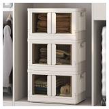 FLEXIMOUNTS 110 QT Stackable Storage Bins With Lids, Collapsible Plastic Storage Bins With Doors and Built-in Wheels For Home Dorm Closet Organizers and Storage, 3 Pack Cubes, Milky White