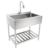 Retails for $208! 35.8 Inch Stainless Steel Kitchen Sink, 201 Stainless Steel Freestanding Sink with Pull Down Tap, Undermount Single Basin & Adjustable Feet for Home/Commercial Use (Silver)