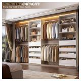 Retails for $170! Aheaplus Closet System, 4-9Ft Closet Organizer with 4 Wooden Drawers, Wood Closet Organizer System with Tower, Walk-in Closet Organizer Wardrobe Clothes Rack with 4 Hanging Rods, Gar