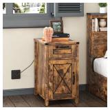 Maupvit End Table with Charging Station, Farmhouse End Table Narrow Side Table for Living Room, Sofa Side Table with Drawer and Storage Cabinet, Small Nightstand for Bedroom (Retro-Fire)