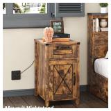 Maupvit End Table with Charging Station, Farmhouse End Table Narrow Side Table for Living Room, Sofa Side Table with Drawer and Storage Cabinet, Small Nightstand for Bedroom (Retro-Fire)