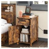 Maupvit End Table with Charging Station, Farmhouse End Table Narrow Side Table for Living Room, Sofa Side Table with Drawer and Storage Cabinet, Small Nightstand for Bedroom (Retro-Fire)