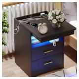 Retails for $120! Night Stand with Gun Drawer, Charging Bedside Table with USB & Type-C Port, LED Nightstand with Human Sensor Light, Modern End Table with Drawers for Bedroom Office, Black