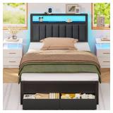 Retails for $130! Furnulem Twin Size Bed Frame, Headboard with LED Light and Charging Station, Metal Platform Bed with 2 Underbed Drawers