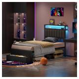 Retails for $130! Furnulem Twin Size Bed Frame, Headboard with LED Light and Charging Station, Metal Platform Bed with 2 Underbed Drawers