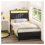 Retails for $130! Furnulem Twin Size Bed Frame, Headboard with LED Light and Charging Station, Metal Platform Bed with 2 Underbed Drawers