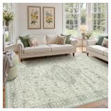6x9 Washable Area Rug for Living Room, Vintage Large Boho Rugs for Office, Dining Room, Kids Room, Farmhouse, Durable Low Pile Non Slip Carpet for High Traffic Areas, Sage Green