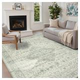 6x9 Washable Area Rug for Living Room, Vintage Large Boho Rugs for Office, Dining Room, Kids Room, Farmhouse, Durable Low Pile Non Slip Carpet for High Traffic Areas, Sage Green