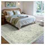 6x9 Washable Area Rug for Living Room, Vintage Large Boho Rugs for Office, Dining Room, Kids Room, Farmhouse, Durable Low Pile Non Slip Carpet for High Traffic Areas, Sage Green
