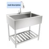 Retails for $208! 35.8 Inch Stainless Steel Kitchen Sink, 201 Stainless Steel Freestanding Sink with Pull Down Tap, Undermount Single Basin & Adjustable Feet for Home/Commercial Use (Silver)