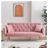 71 Inches Velvet Futon Sofa Bed with 2 Pillows,Modern Convertible Futon Couch with 3 Adjustable Backrest Angles and Gold Metal Feet,Suitable for Apartment,Living Room,Small Space,Pink - Retail: $161