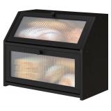 Vriccc Black Bread Box for Kitchen Counter, Large Bamboo Wood Double Layer Bread Box, Wooden Bread Storage Capacity