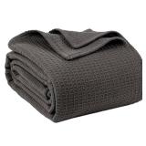 100% Cotton Blankets Queen Size for Bed - Waffle Weave Blankets for Summer, Lightweight and Breathable Soft Woven Blanket for Spring, (Dark Grey, Queen (90\" x 90\"))