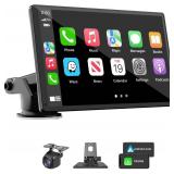 Portable Wireless Carplay Car Stereo, 7\" HD Touchscreen for Car with Apple CarPlay & Android Auto with Backup Camera/Mirror Link/Voice Control/Bluetooth/GPS/AUX/FM Satellite Radio for All Vehicles