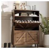 Shoe Cabinet with 2 Flip Drawers & Open Storage,Farmhouse Shoe Storage Cabinet for Entryway,Freestanding Narrow Organizer Rack with Legs,Foyer,Hallway,Dark Walnut