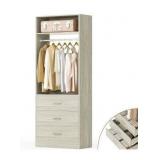 Freestanding 2FT Closet System with 3 Wood Drawers, 24\" Closet Organizer System with Hanging Rod & Shelves, Walk-in Closet Systems for Small Closet, White Oak