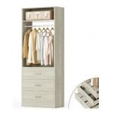Freestanding 2FT Closet System with 3 Wood Drawers, 24\" Closet Organizer System with Hanging Rod & Shelves, Walk-in Closet Systems for Small Closet, White Oak
