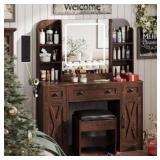 Vabches Makeup Vanity Desk, Vanity Mirror with Lights Desk and Chair,Makeup Table with 3 Large Drawers and 2 Cabinets, Time and Temperature Display, 3 LED Lighting Modes Adjustable, Brown