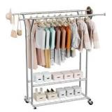 Clothes Rack, Rolling Clothing Garment Rack with 2 Hanging Rods and 2 Storage Shelves