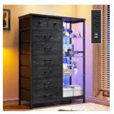 Dresser for Bedroom with LED Lights & Power Outlets Dresser with 8 Drawers Fabric Dressers & Chests of Drawers for Bedroom, Sturdy Metal Frame, Acrylic Plates (Charcoal Black)