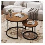 Nesting Tables Set of 2, Round Coffee Table, Small Nesting Coffee Table with Adjustable Non-Slip Fee, Wood Grain Top Nesting Tables for Living Room, Bedroom (Wood Grain Brown)
