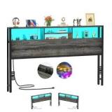 Headboard for queen Size Bed with Storage, Headboards with Outlets, USB Ports and LED Light, queen Size Head Board Only, Height Adjustable, Reversible, Sturdy and Stable Headboard, Black Oak