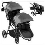 MU Double Stroller, Foldable Twin Tandem Stroller with Adjustable Backrest, Reversible Seat, 5-Point Harness, Storage Basket, Convertible Baby Bassinet for Infant and Toddler, Gray