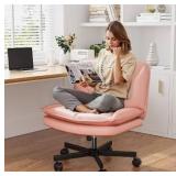 Criss Cross Chair with Wheels,Cross Legged Office Chair with 2 Layer Cushion,Comfy Wide Seat,Leather,Amless, Vanity Chairs for Home,Office,Make Up,Bed Room,Adjustable,Pink
