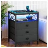 End Table with Charging Station,Glass Top Night Stand with LED Lights,Nightstand with 3 Drawers for Bedroom,Morden Side Table with Storage Shelves for Small Space,Black