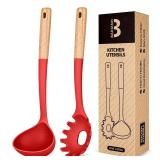 Pasta Fork and Ladle Set, Perfect for Serving Hot Soup, Stirring, and Sauce Pasta, BPA-Free Matte Silicone, Wood Handle Spaghetti Spoon for Nonstick Cooking Surfaces (Red)