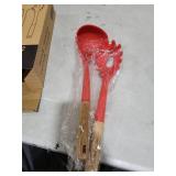 Pasta Fork and Ladle Set, Perfect for Serving Hot Soup, Stirring, and Sauce Pasta, BPA-Free Matte Silicone, Wood Handle Spaghetti Spoon for Nonstick Cooking Surfaces (Red)