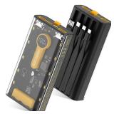 Portable Charger 10000mAh,22.5W Fast Charging Power Bank with Built in Cables,Transparent External Battery Pack with Flashlight,USB C in&out Portable Phone Charger for iPhone Samsung Android Cellphone