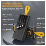 Portable Charger 10000mAh,22.5W Fast Charging Power Bank with Built in Cables,Transparent External Battery Pack with Flashlight,USB C in&out Portable Phone Charger for iPhone Samsung Android Cellphone