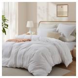 LOVQUE 100% Washed Cotton Duvet Cover Twin Size, Linen-Like Textured White Fade-Resistant Natural Bedding Set (No Comforter), 68x90 Inches