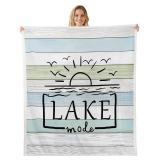 Lake Life Decor Throw Blanket Cute Sun Sketch Sunset Fleece Blanket,Retro Lake Cabin Decor Watercolor Wood Plank Blanket 30\"x40\" Lake House Gifts,Farmhouse Style The Lake House Decor for The Home