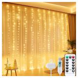 Minetom Curtain Lights, 300 LED Dimmable Fairy Lights Twinkle Lights with Remote and Timer, 8 Modes, USB Powered String Lights for Room Wall Party Xmas Indoor Decor, Warm White