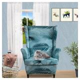 Jusmate Wingback Chair Slipcover Printed Wing Chair Slipcover 2 Piece Spandex Wing Chair Slipcovers Wingback Armchair Covers with Elastic Bottom-Blue Leaves