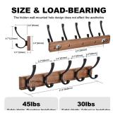 LECHYN 17.3\" Small Wooden Coat Rack Wall Mount with 5 Hooks, Entryway Wall Hooks Coat Hanger for Hanging Towel Jacket Clothes Hat Backpack Shoe Purse Key Holder Multi Hook Rail by Black Walnut Wood