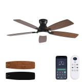 JSAITEE Ceiling Fans with Lights, 52 Inch Low Profile Ceiling Fan with Light, Flush Mount, DC Reversible Motor, Noiseless, Brown 6 Speeds Ceiling Fan for Bedroom