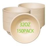 emlifepak 32oz Disposable Salad Bowls 150Pack, Big Paper Bowls, Large, Heavy-Duty, Eco-Friendly, Bulk Pack, Compostable Bowls, Biodegradable Made of Sugar Cane Fibers,Perfect For Salad