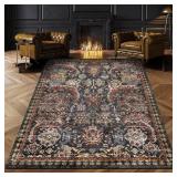 RUGSURE Washable Area Rugs - Perfect for Living Room, Bedroom, Kids Room, Nursery - Stain & Water Resistant Non-Slip, Pet & Child Friendly, Vintage Tribal Area Rugs (Rust, 9