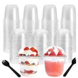Nicunom 100 Pack 12 oz Clear Dessert Cups with No Hole Dome Lids & Sporks, Plastic Parfait Cups, No Leaking Disposable Party Cup for Ice Cream Fruit Cake Snack Yogurt Cold Drink