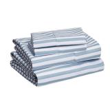 Amazon Basics Lightweight Super Soft Easy Care Microfiber 4 Piece Bed Sheet Set With 14-inch Deep Pockets - Queen, Dusty Blue Pinstripe,Printed