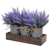 Set of 3 Small Potted Plants Arrangement Artificial Lavender Flower Plants in Rustic Galvanized Metal Pots with Decorative Wood Tray for Farmhouse Table Centerpiece Windowsill Country Indoor Decor