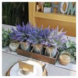 Set of 3 Small Potted Plants Arrangement Artificial Lavender Flower Plants in Rustic Galvanized Metal Pots with Decorative Wood Tray for Farmhouse Table Centerpiece Windowsill Country Indoor Decor
