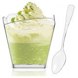 PLAZOTTA 100 Pack 3.5 oz Clear Plastic Dessert Cups with 100 Tasting Spoons, Square Parfait Appetizer Cups for Party, Weddings