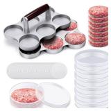 Reallnaive Mini Burger Press with 200 Patty Papers and 6 Storage Containers 6 Slots Meat Sausage Patty Maker Paper Sheets Set for Small Burger Barbecue, Make 6 Pieces at Once