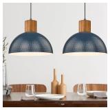 ELYONA Modern Hammered Pendant Light Fixtures with 12\" Metal Shade Solid Wood Dome Hanging Pendant Light for Farmhouse Kitchen Island Dining Room Sink Bedroom Hallway Medium 2 Pack Blue