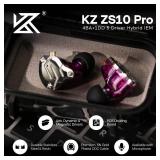 Linsoul KZ ZS10 Pro, 4BA+1DD 5 Driver in Ear Monitor, HiFi Wired Earbuds, Gaming Earbuds, Hybrid IEM Earphones with Stainless Steel Faceplate, Detachable Cable for Musician (Without Mic, Purple)